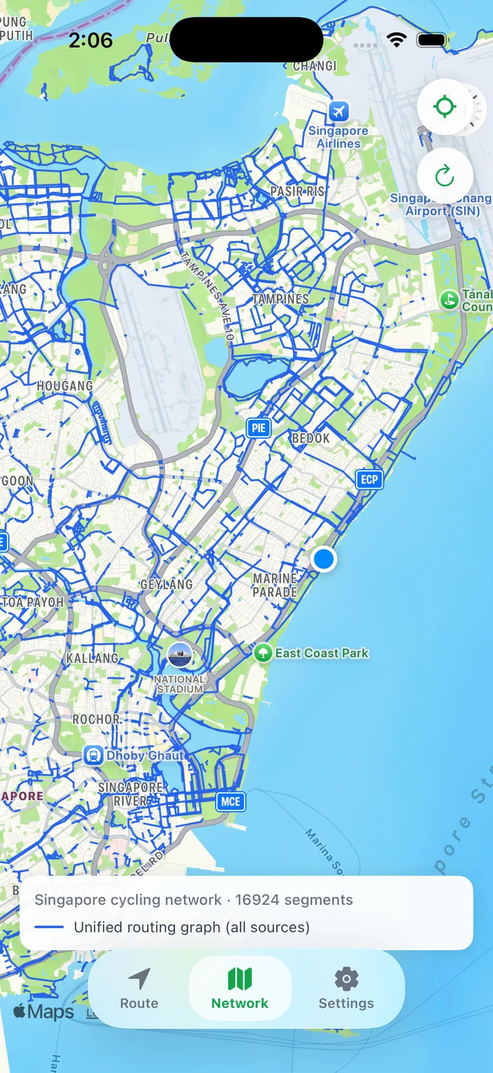 OtterCycle network map screen showing Singapore's full cycling network