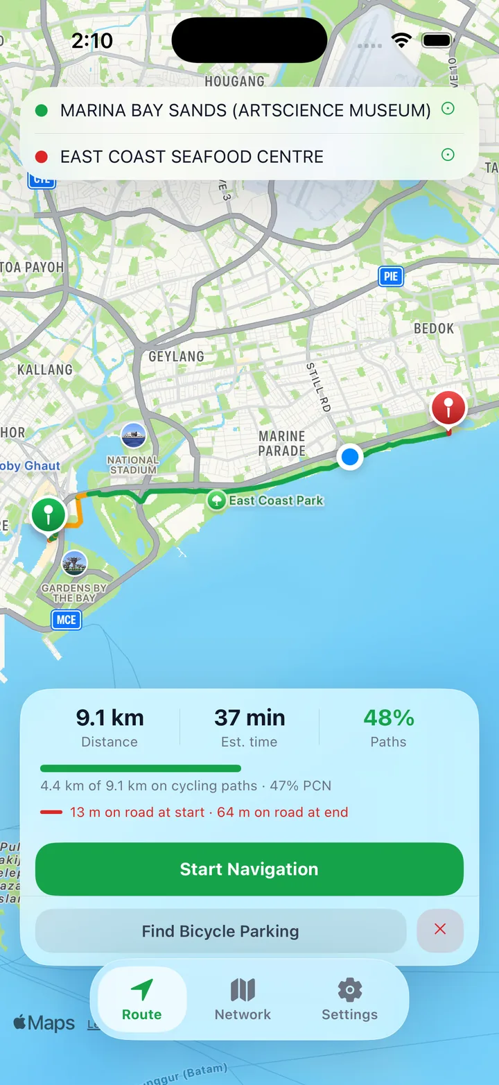 OtterCycle route planning screen with a planned coastal route